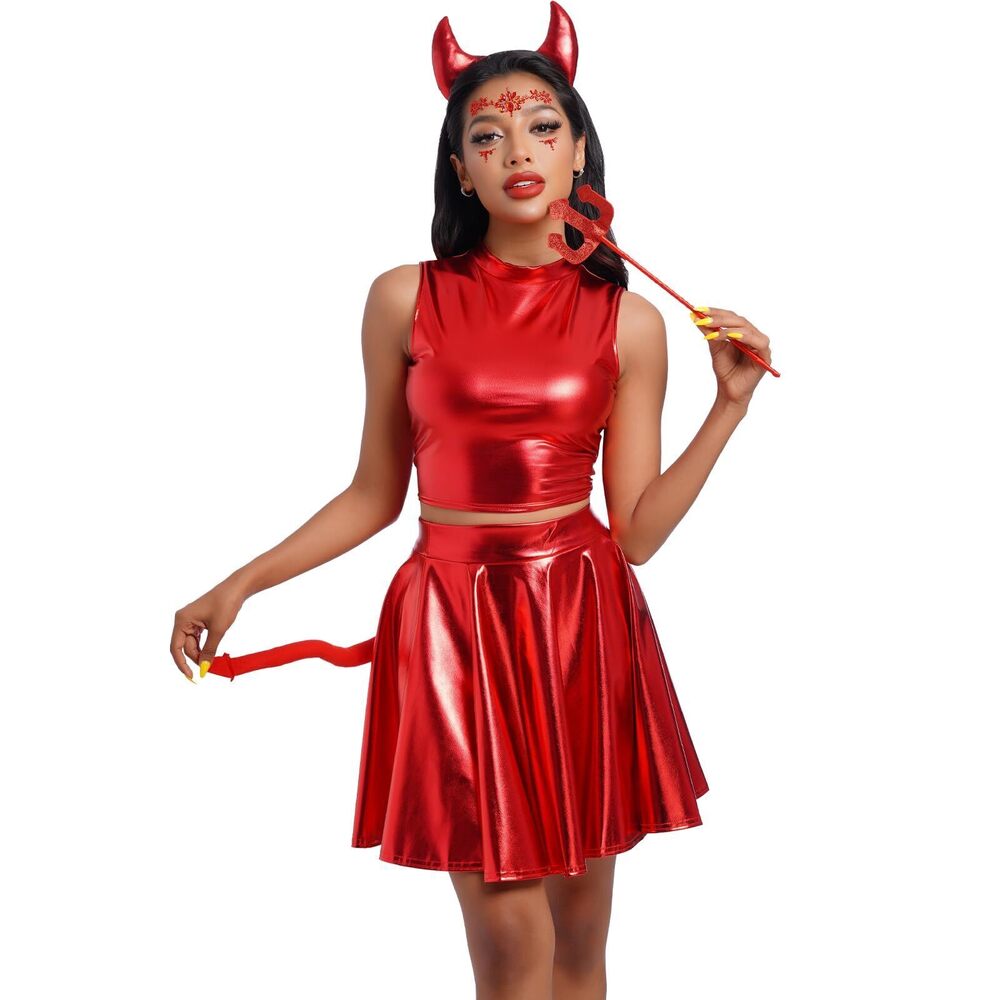 9242 Devil : Metallic Crop Top Skirt Devil Tail Devil Horns Headband Devil